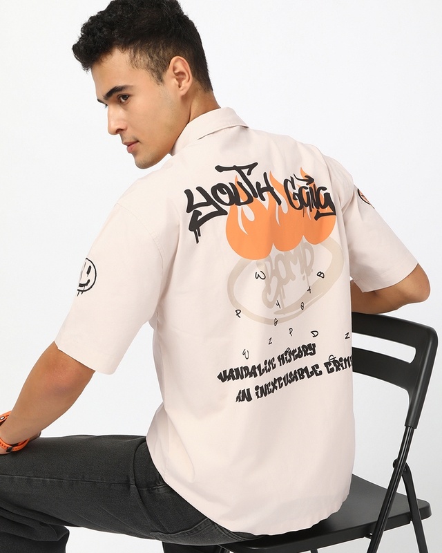 Shop Men's Beige Youth Gang Graphic Printed Oversized Shirt-Front