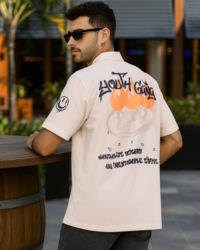 Shop Men's Beige Youth Gang Graphic Printed Oversized Shirt-Front