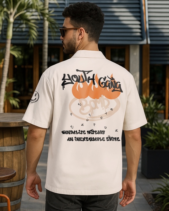 Shop Men's Beige Youth Gang Graphic Printed Oversized Shirt-Front
