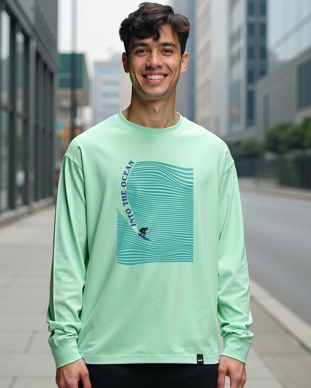 Shop Men's Bird Egg Green Into The Ocean Graphic Printed Oversized T-shirt-Front