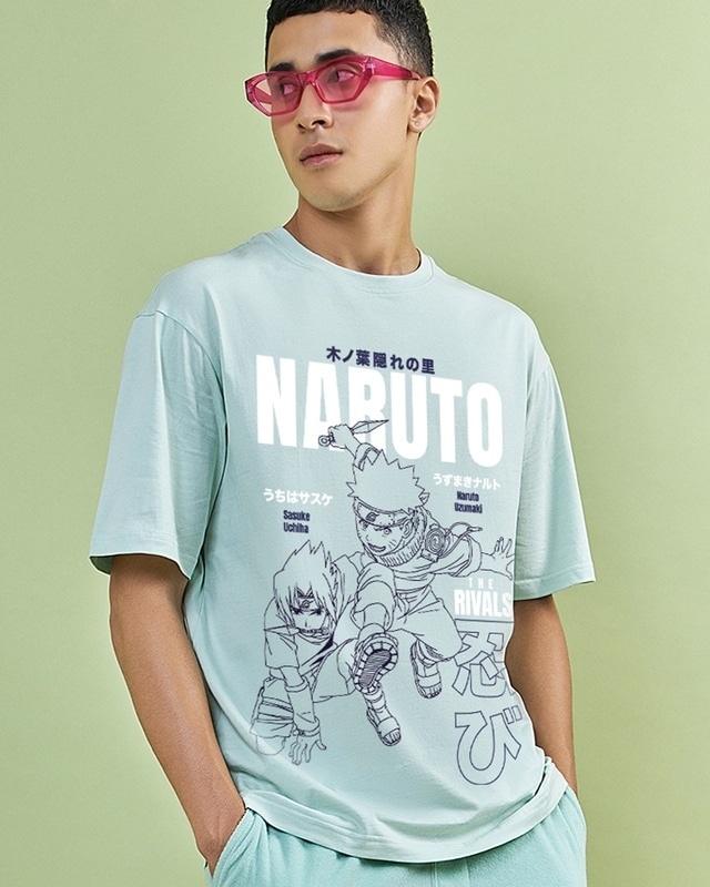 Shop Men's Bird Egg Green Naruto Graphic Printed Oversized T-shirt-Front