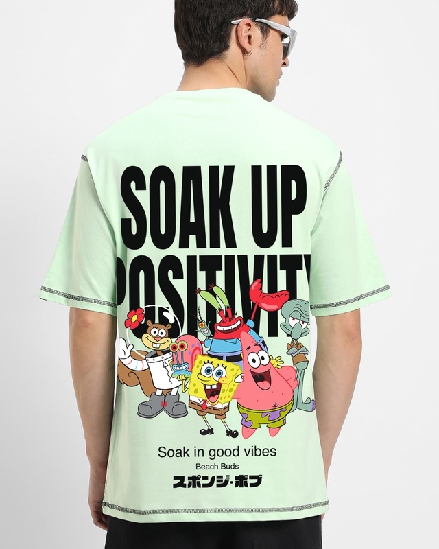 Shop Men's Bird Egg Green Spong Bob Graphic Printed Oversized T-shirt-Front