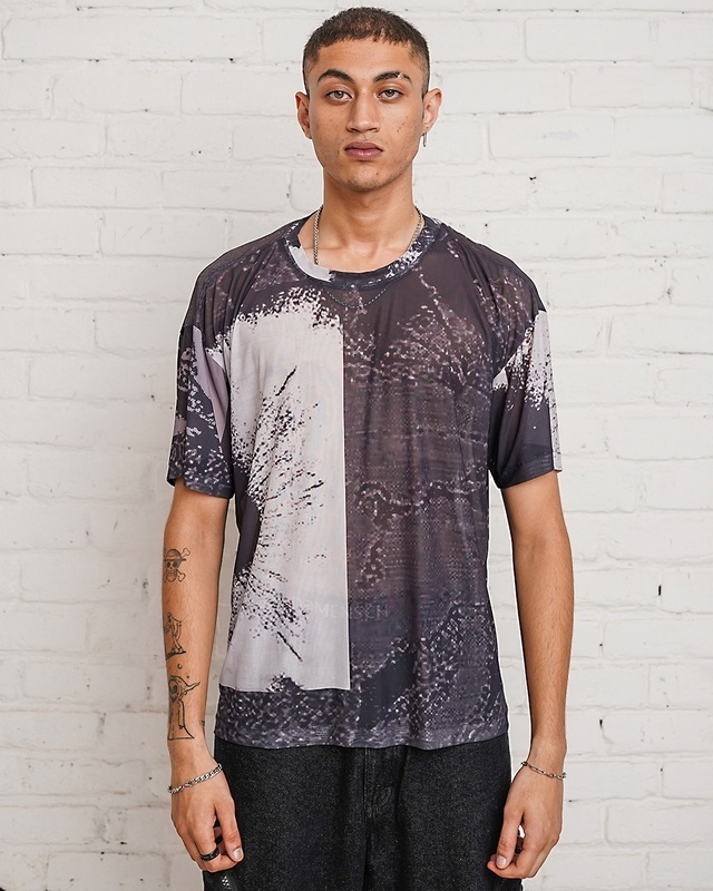 Shop Men's Black Abstract Printed Mesh Oversized T-shirt-Front