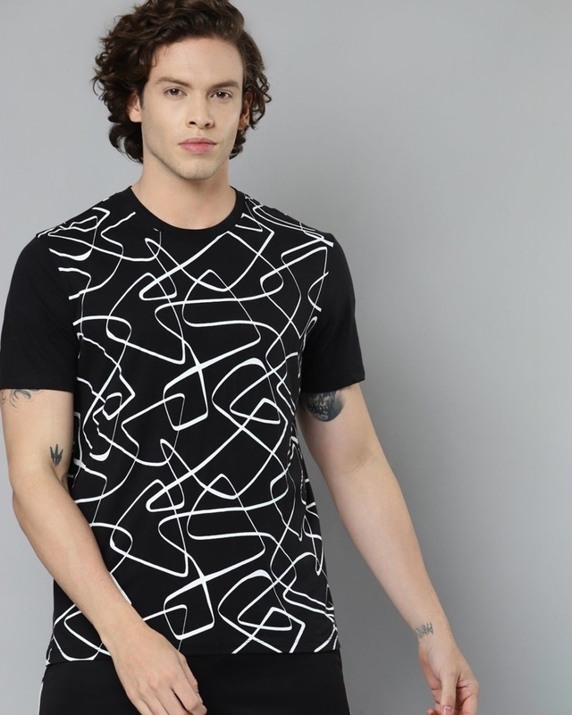 Shop Men's Black Abstract Printed Slim Fit T-shirt-Front