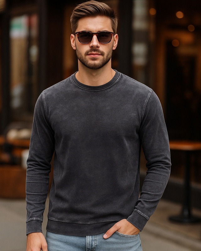 Men's Black Acid Wash Sweatshirt-Front Bewakoof Shop Men's Black Acid Wash Sweatshirt-Front