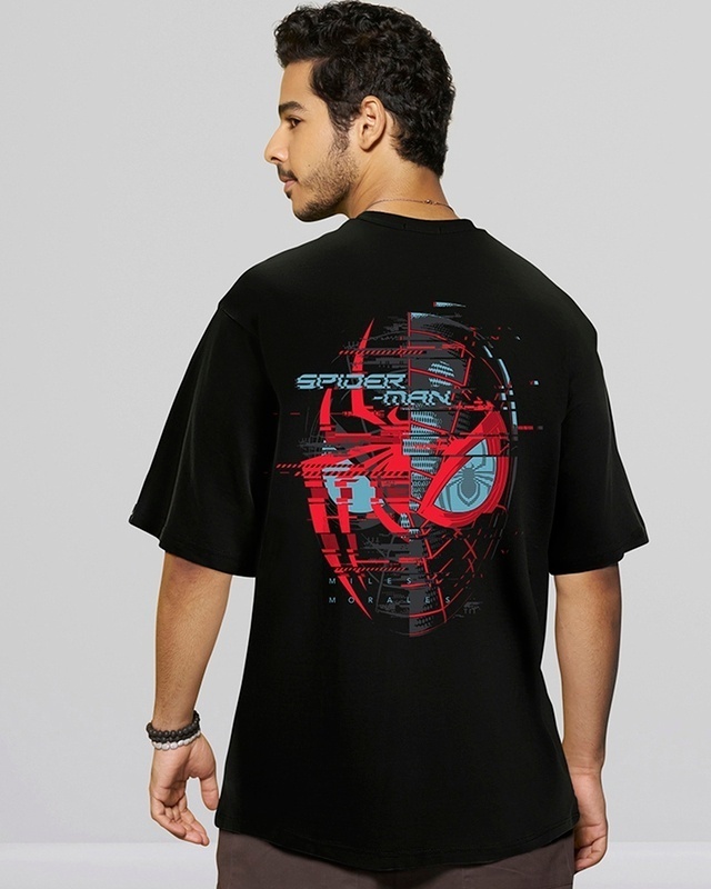 Shop Men's Black Across The Spiderverse Graphic Printed Oversized T-shirt-Front