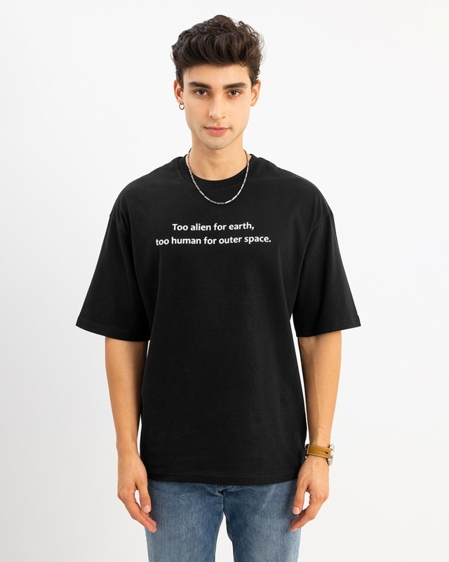 Shop Men's Black Alien for Earth Typography Oversized T-shirt-Front