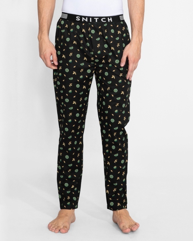 Shop Men's Black All Over Citrus Fruits Printed Cotton Pyjamas-Front
