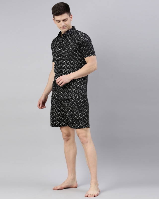 Shop Men's Black All Over Printed Cotton Shirt & Shorts Set-Front