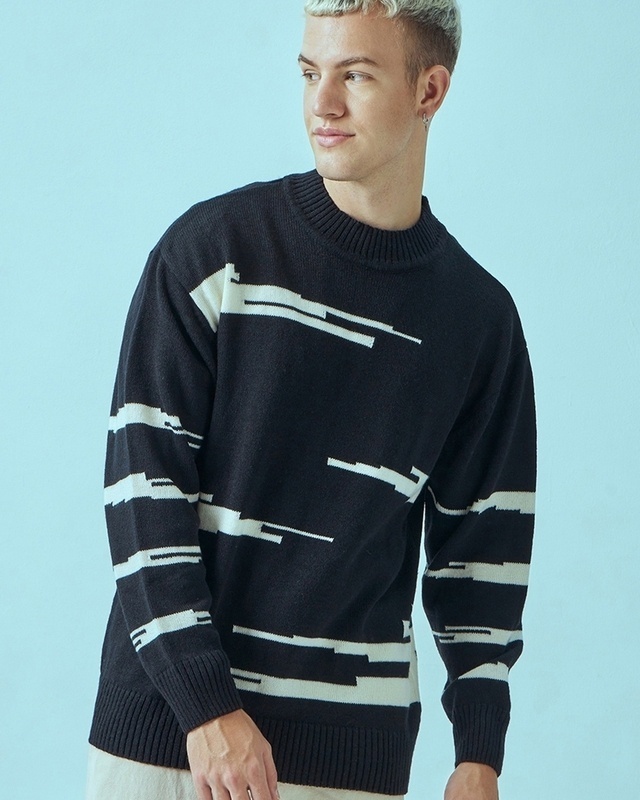 Shop Men's Black All Over Printed Flatknit Sweater-Front