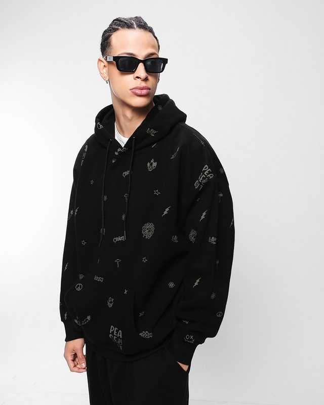 Shop Men's Black All Over Printed Oversized Hoodies-Front