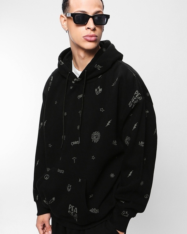 Shop Men's Black All Over Printed Oversized Hoodies-Front