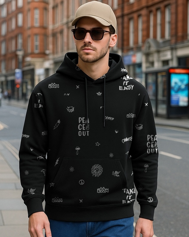 Shop Men's Black All Over Printed Oversized Hoodies-Front