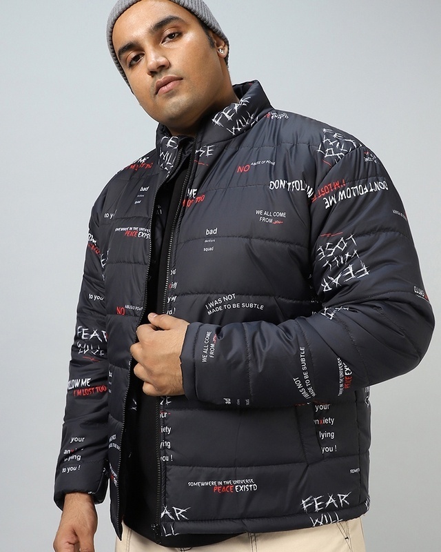 Shop Men's Black All Over Printed Oversized Plus Size Jacket-Front