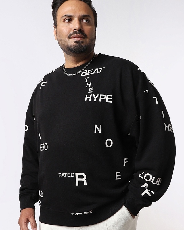 Shop Men's Black All Over Printed Oversized Plus Size Sweatshirt-Front