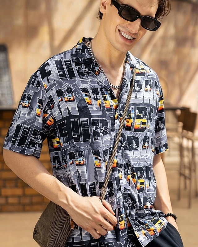 Men's Black All Over Printed Oversized Shirt