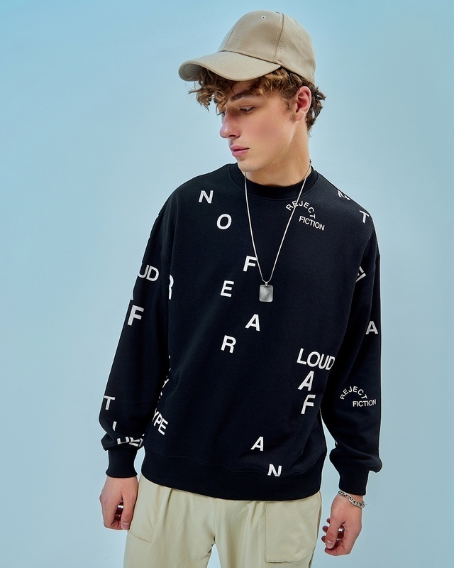 Shop Men's Black All Over Printed Oversized Sweatshirt-Front