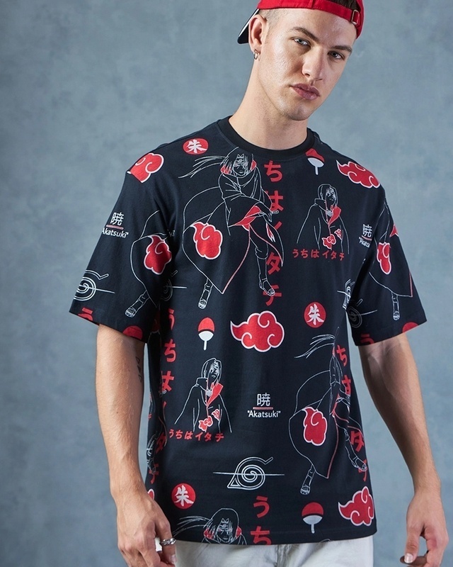 Shop Men's Black All Over Printed Oversized T-shirt-Front