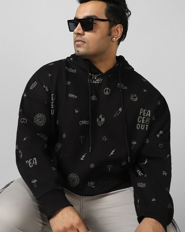 Shop Men's Black All Over Printed Plus Size Hoodies-Front