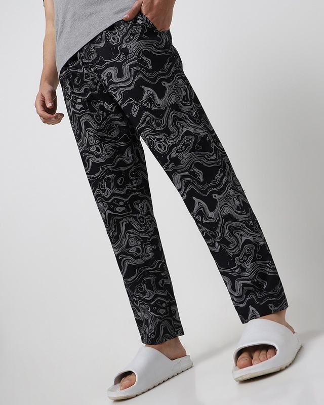 Shop Men's Black All Over Printed Pyjamas-Front