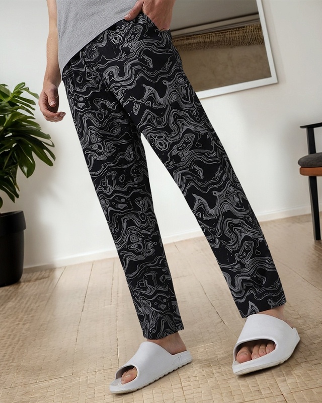 Shop Men's Black All Over Printed Pyjamas-Front