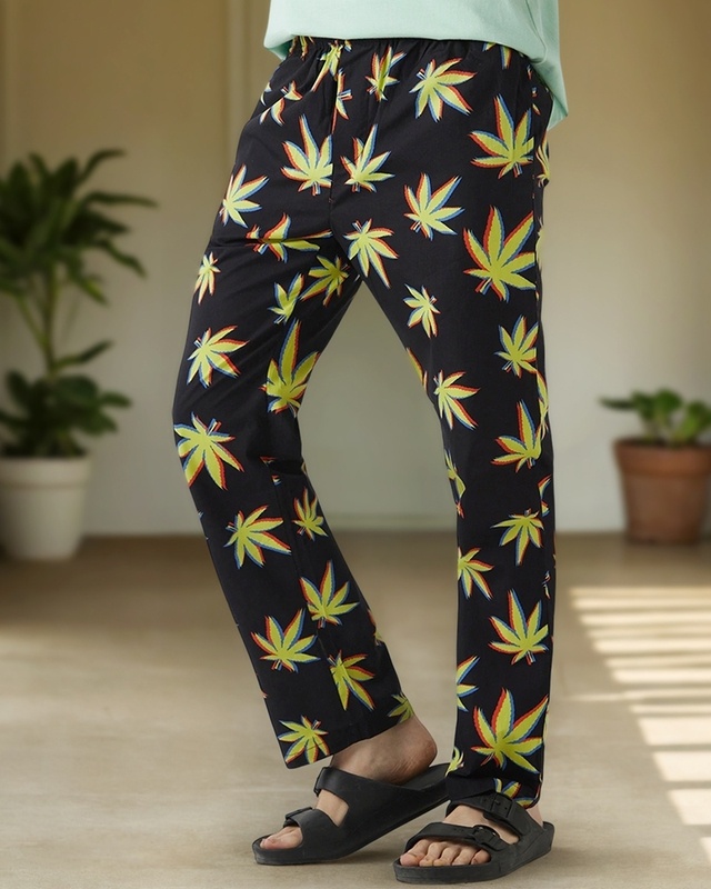 Shop Men's Black All Over Printed Pyjamas-Front