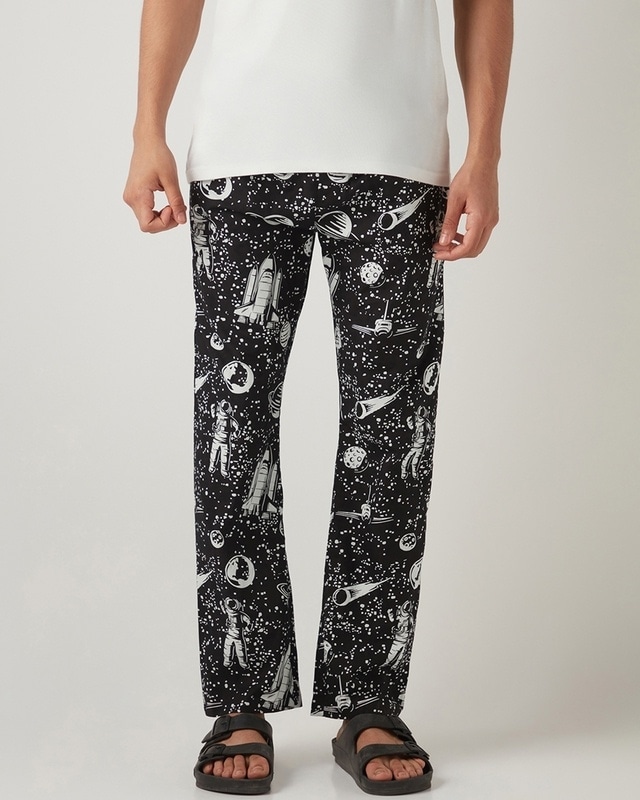 Shop Men's Black All Over Printed Pyjamas-Front