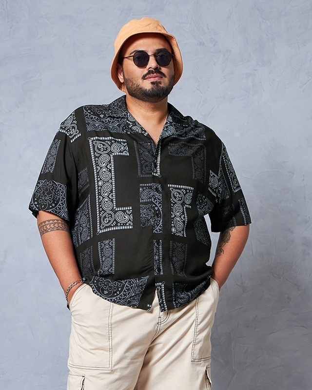 Shop Men's Black All Over Printed Oversized Plus Size Shirt-Front