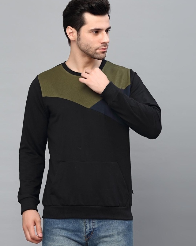 Shop Men's Black and Green Color Block Slim Fit Sweatshirt-Front