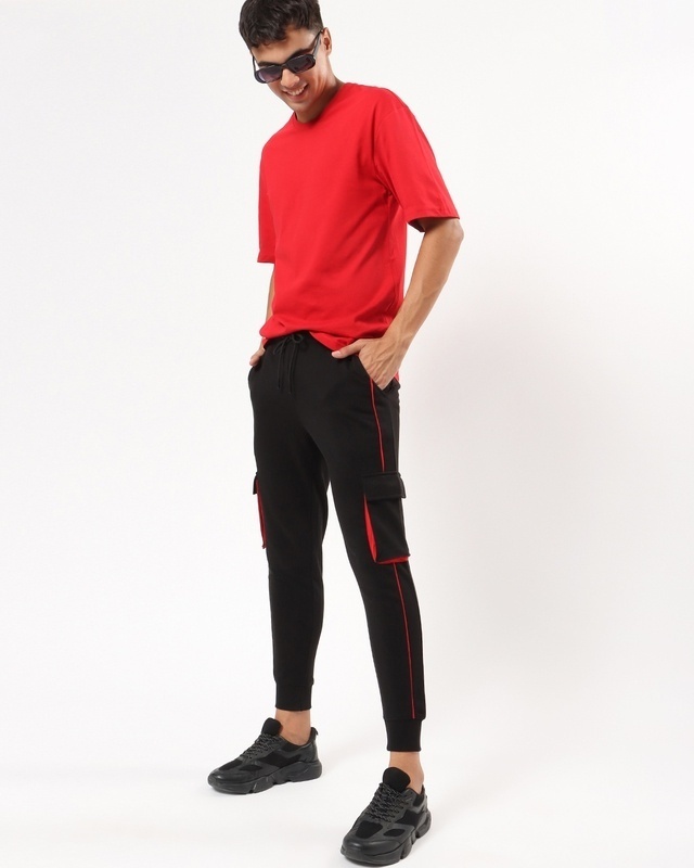 Shop Men's Black and Red Color Block Joggers-Front
