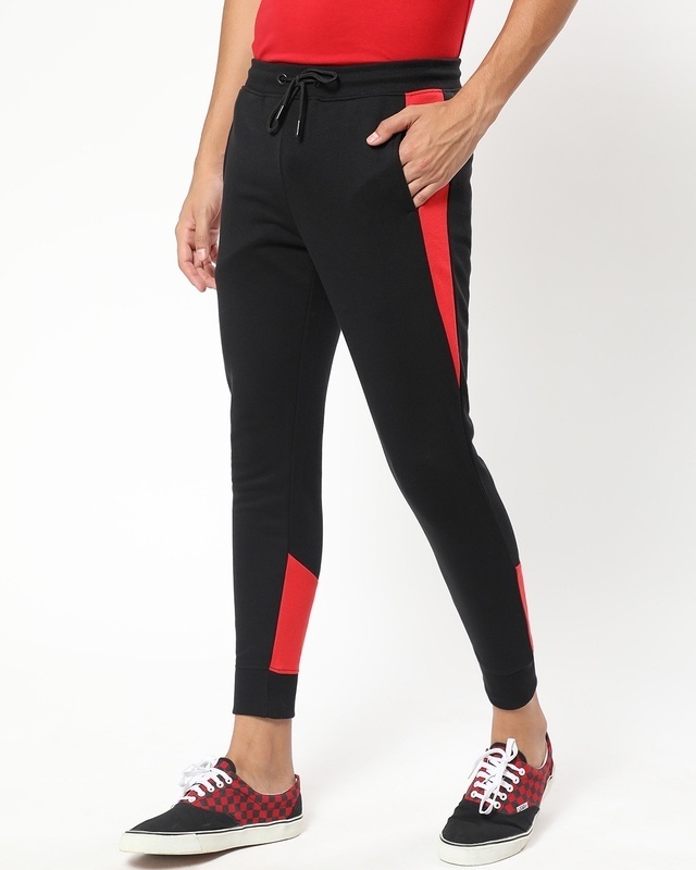 Shop Men's Black and Red Color Block Joggers-Front