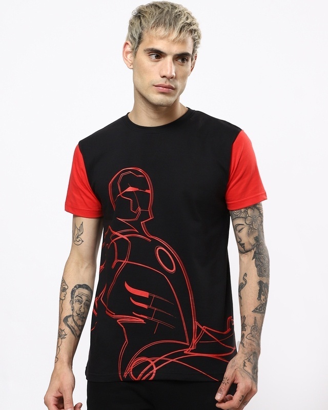 Shop Men's Black and Red Iron Man Color Block Graphic Printed T-shirt-Front