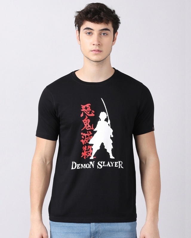 Shop Men's Black Anime Tanjiro Demon Slayer Graphic Printed T-shirt-Front