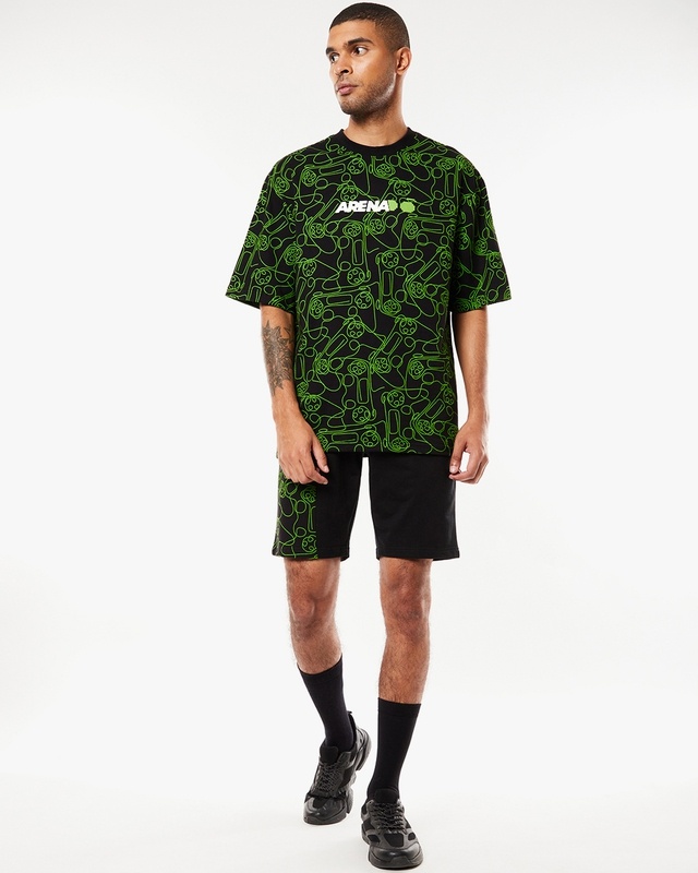 Shop Men's Black Arena AOP Oversized Fit T-shirt & Shorts Co-Ords-Front