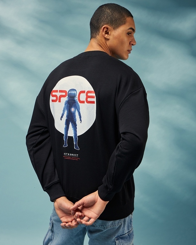 Shop Men's Black Astro Space Graphic Printed Oversized Sweatshirt-Front