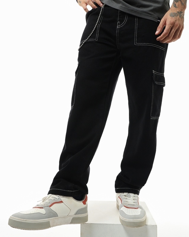 Shop Men's Black Baggy Cargo Jeans-Front