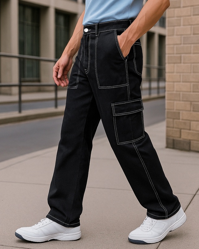 Shop Men's Black Baggy Fit Cargo Mid-Rise Jeans-Front