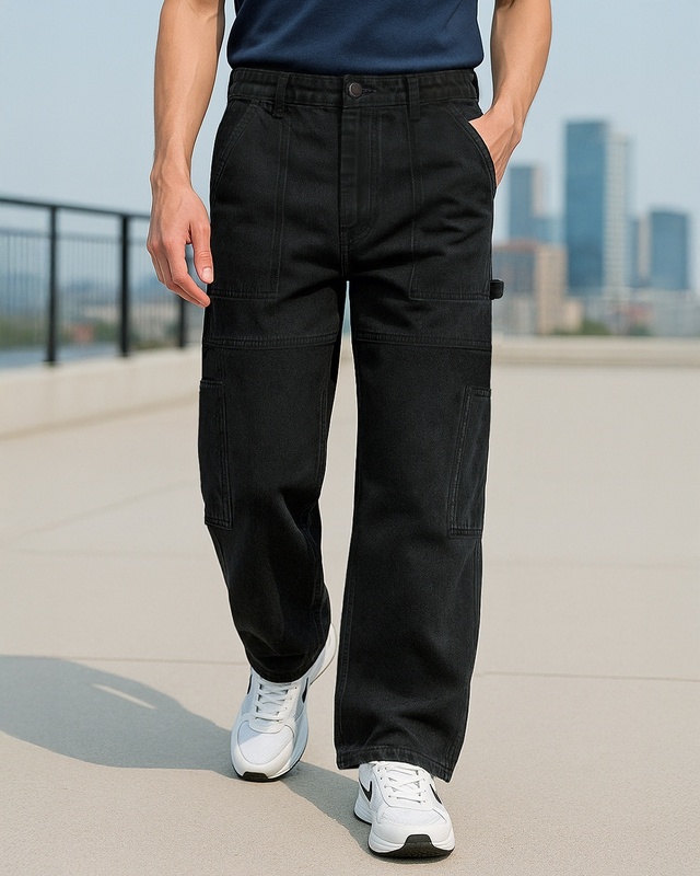 Shop Men's Black Baggy Fit Carpenter Mid-Rise Jeans-Front