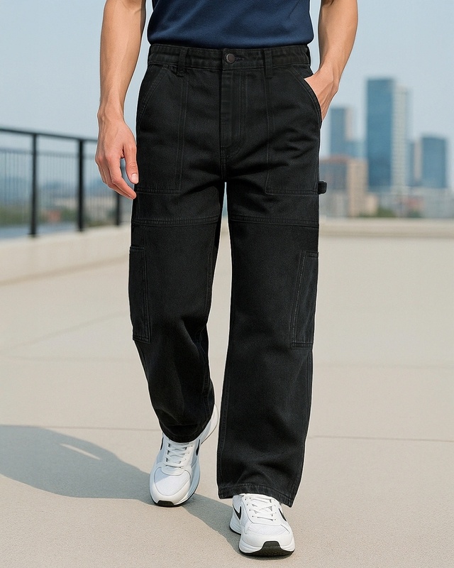 Shop Men's Black Baggy Fit Carpenter Mid-Rise Jeans-Front