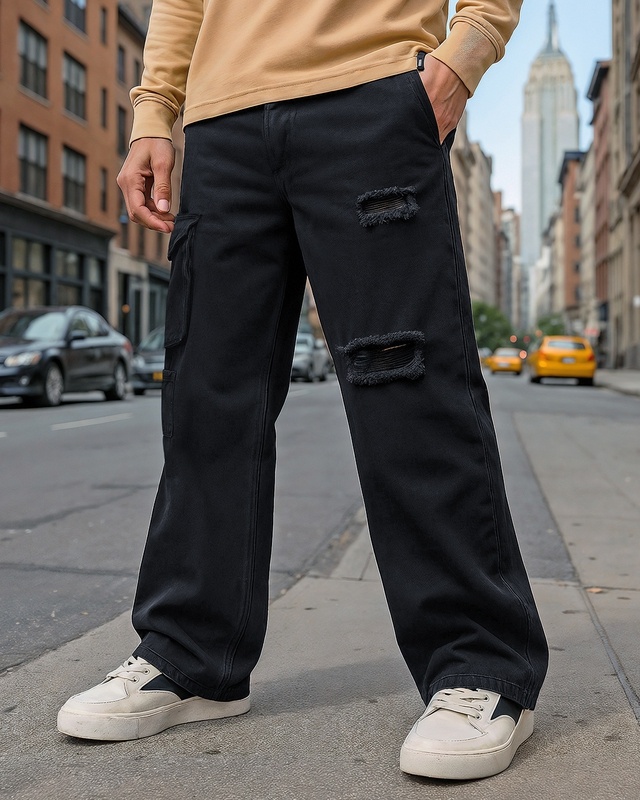 Shop Men's Black Baggy Fit Distressed Cargo Mid-Rise Jeans-Front