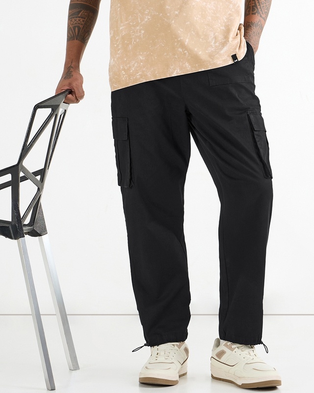 Shop Men's Black Baggy Oversized Cargo Parachute Pants-Front