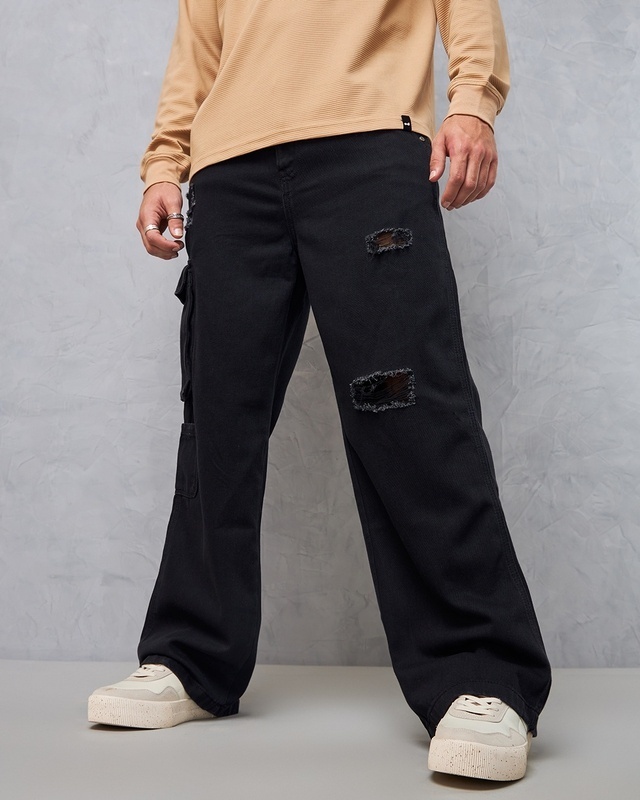 Shop Men's Black Baggy Straight Fit Cargo Jeans-Front