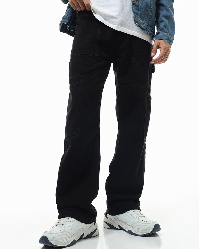 Shop Men's Black Baggy Straight Fit Carpenter Jeans-Front
