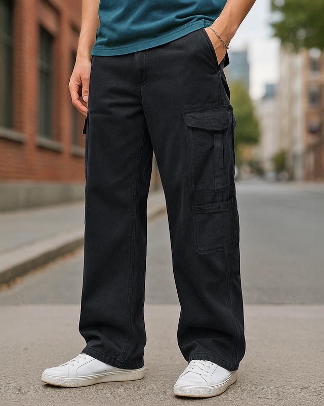 Shop Men's Black Baggy Straight Fit Jeans-Front