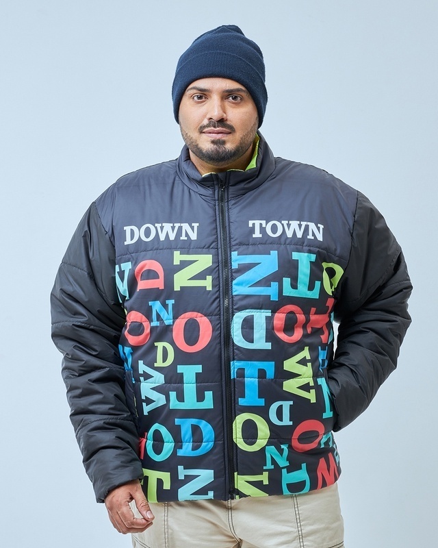 Shop Men's Black & Blue Bate Typography Oversized Plus Size Puffer Jacket-Front