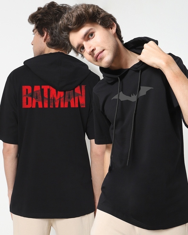 Shop Men's Black Batman Cotton Typography Hoodie T-shirt-Front