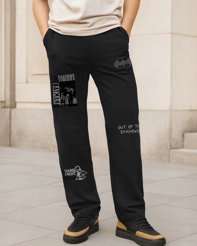 Shop Men's Black Batman Graphic Printed Oversized Track Pants-Front