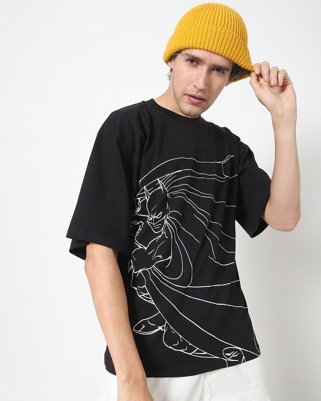 Shop Men's Black Batman Outline Graphic Printed Oversized T-shirt-Front