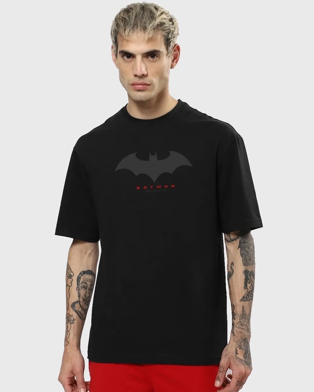 Shop Men's Black Batman Outline Logo Graphic Printed Oversized T-shirt-Front