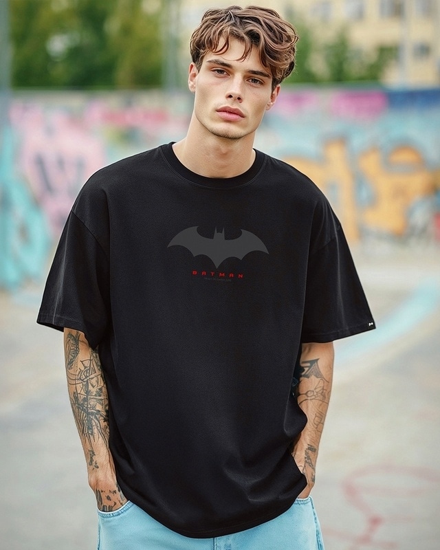 Shop Men's Black Batman Outline Logo Graphic Printed Oversized T-shirt-Front